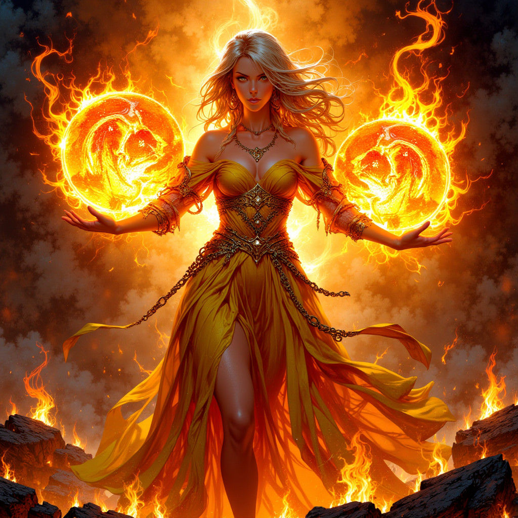 Woman Holding Fire Orb in Hyper-Realistic Style