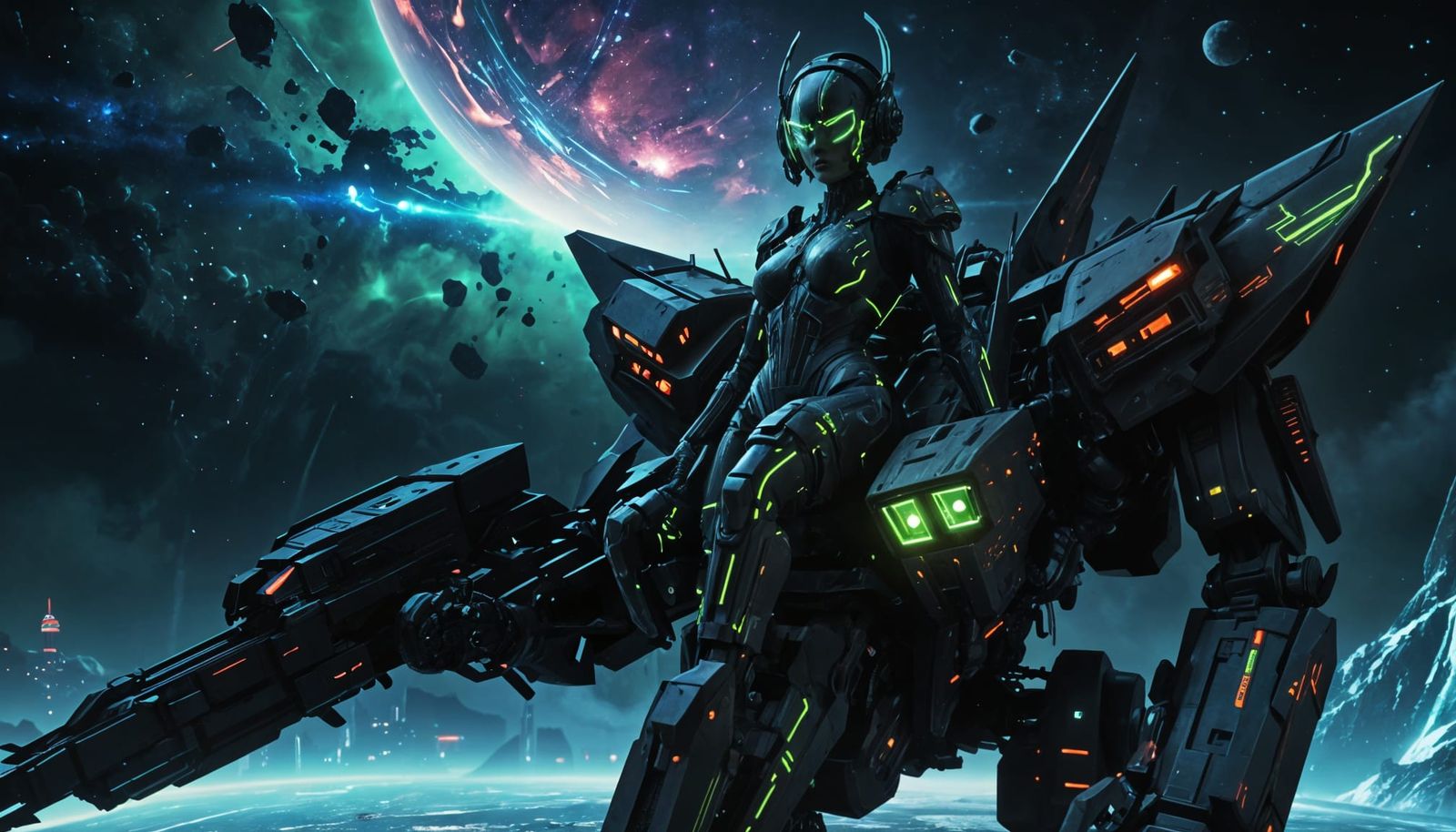 Cyberpunk Technomystic Mech Pilot in Neon Dreamscape