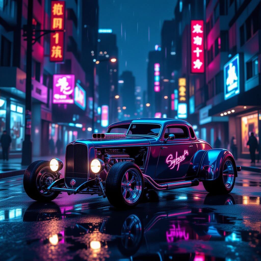 Cyberpunk Hot Rod with Neon Accents on Wet Street