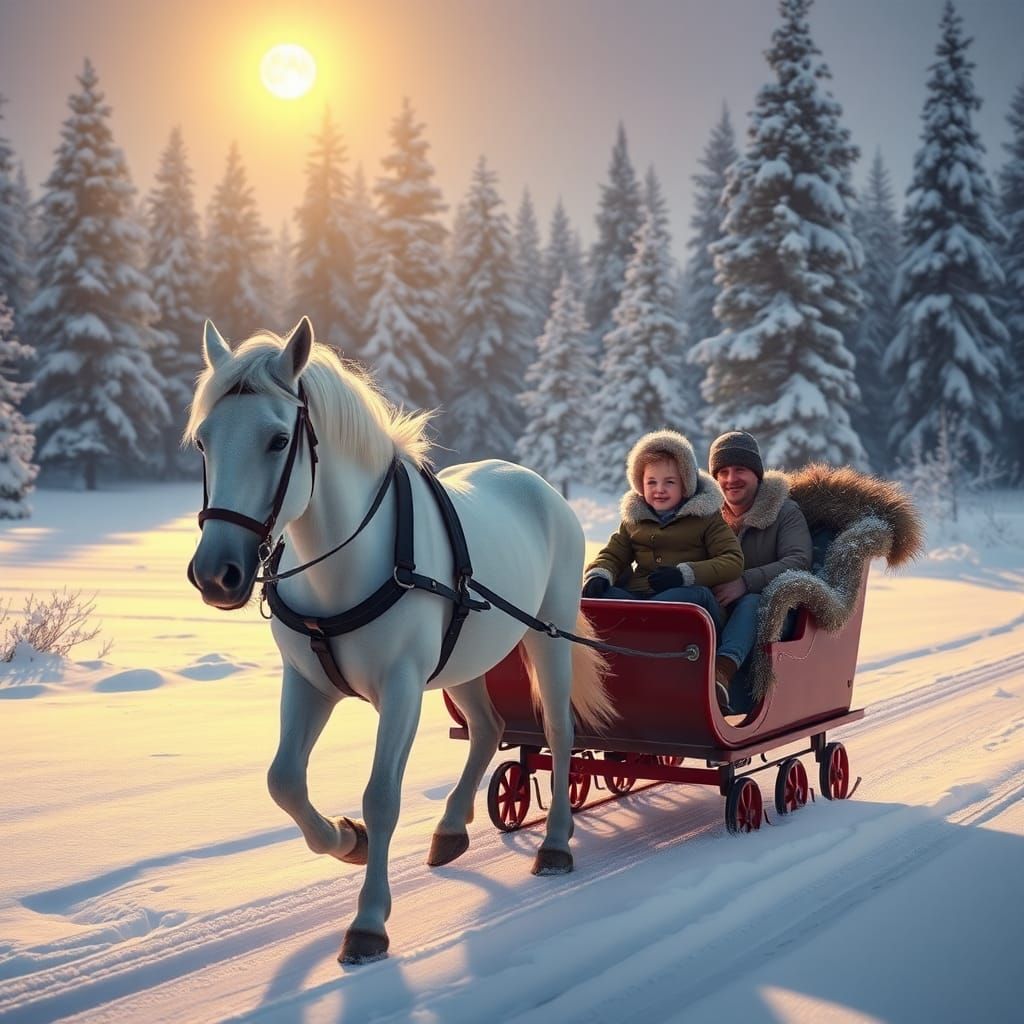 Hyperrealistic Horse Sleigh Ride in Winter Forest