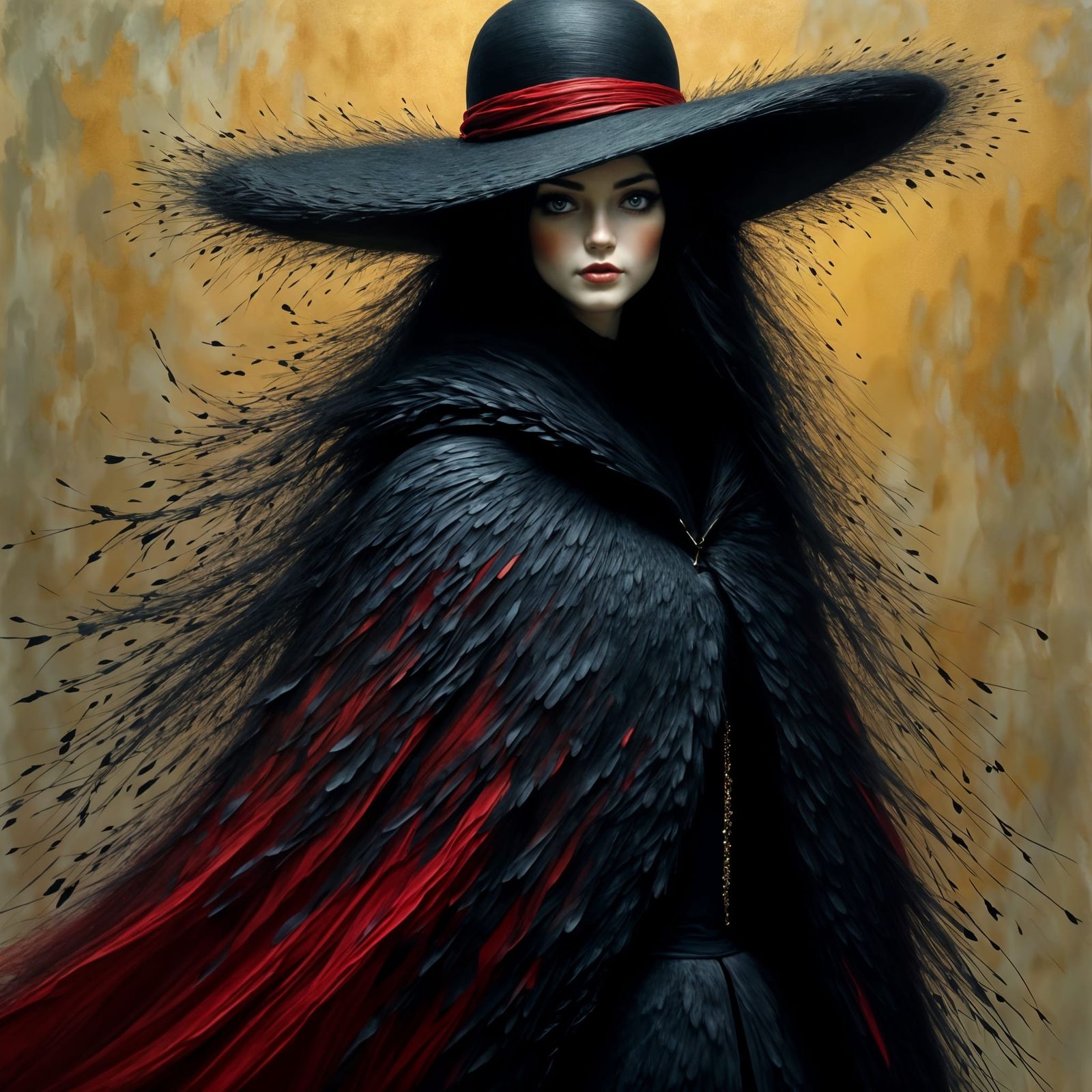 Gothic Woman in Raven Feather Cloak and Red Hat