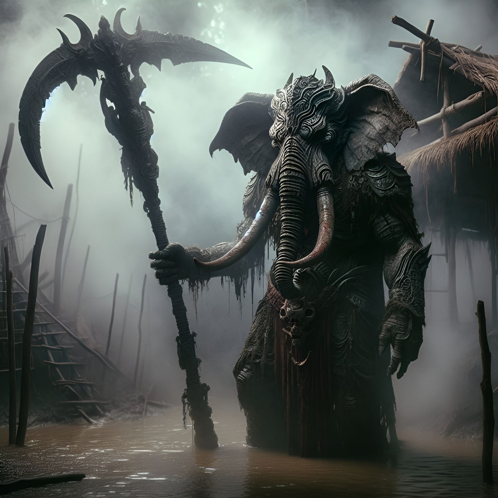 Elephant Demon in Dystopian Swamp with Battle Scythe