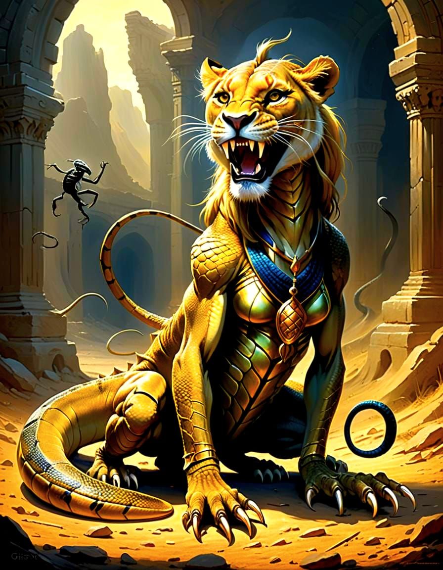 Lioness Lizard Cobra Scorpion Fusion in Horror Style