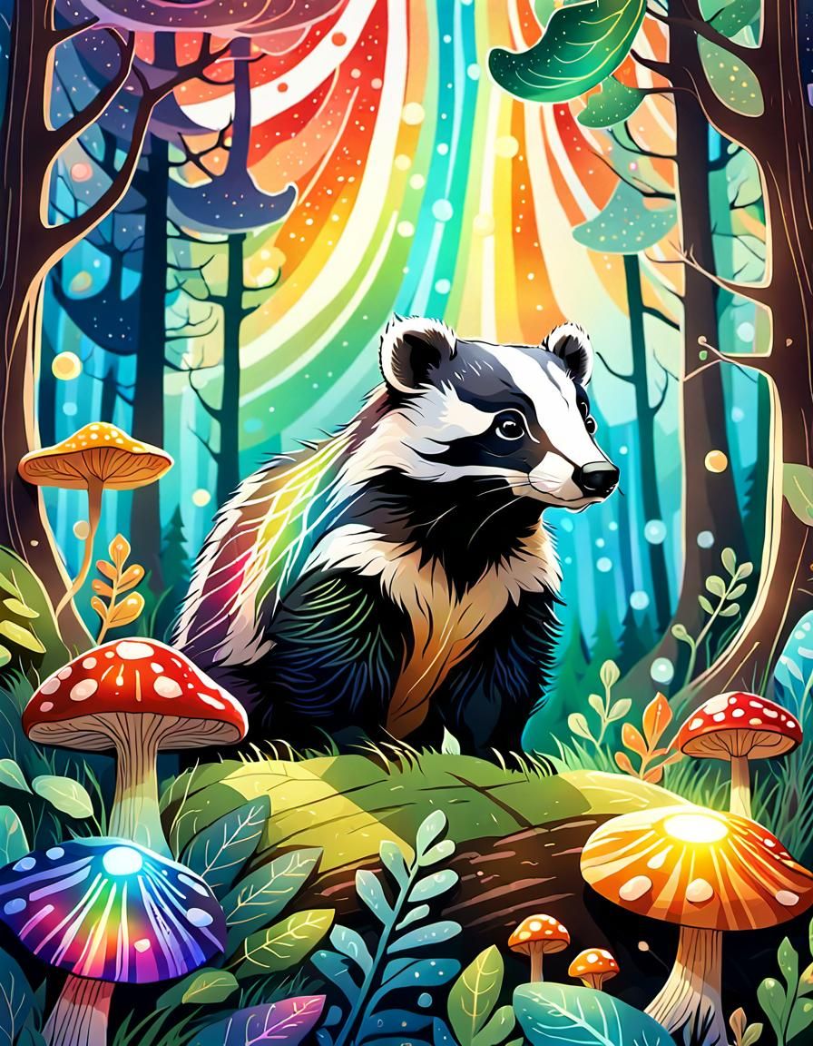 Rainbow Badger in Sun-Drenched Forest, Digital Illustration