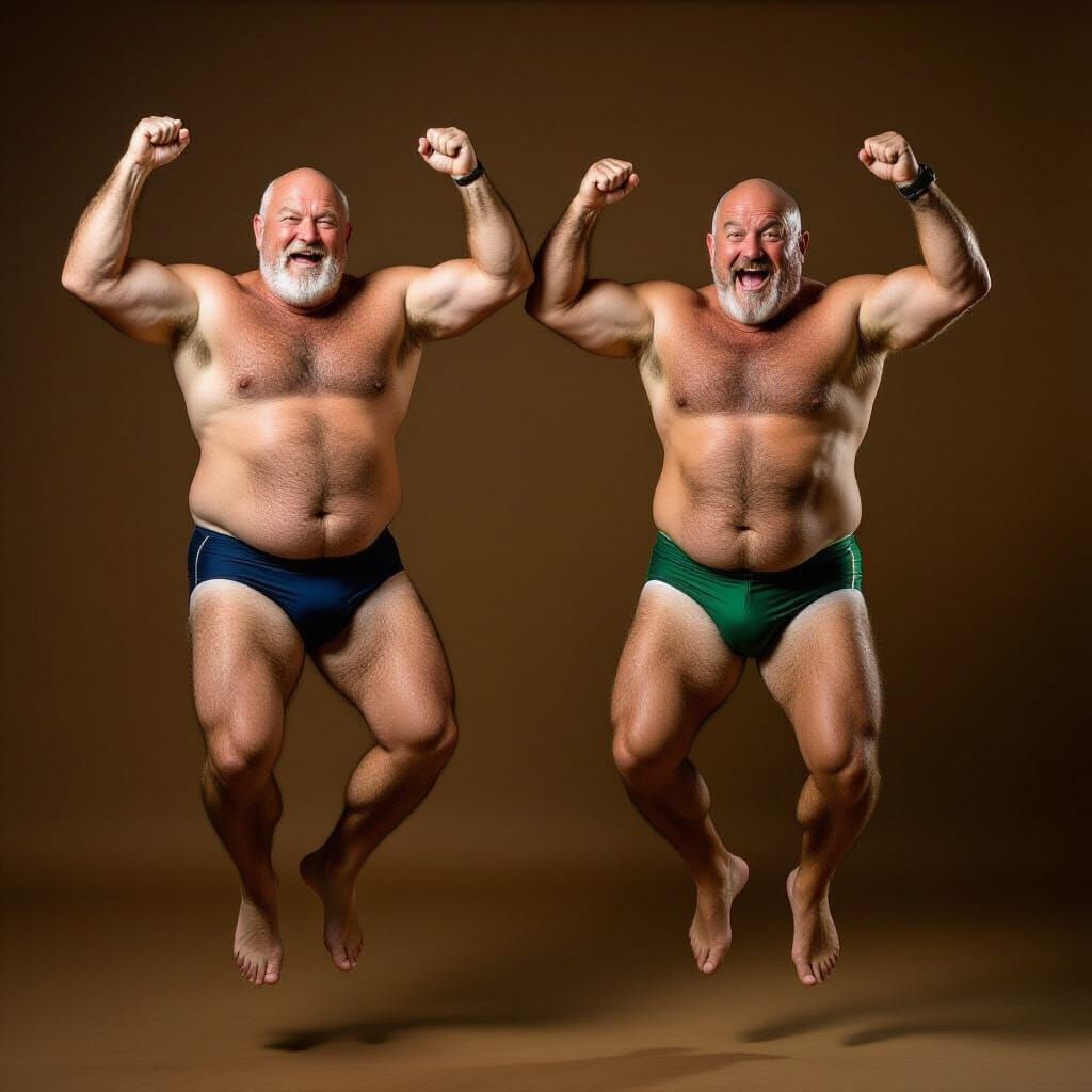 Two Chubby Men in Speedos Doing Star Jumps
