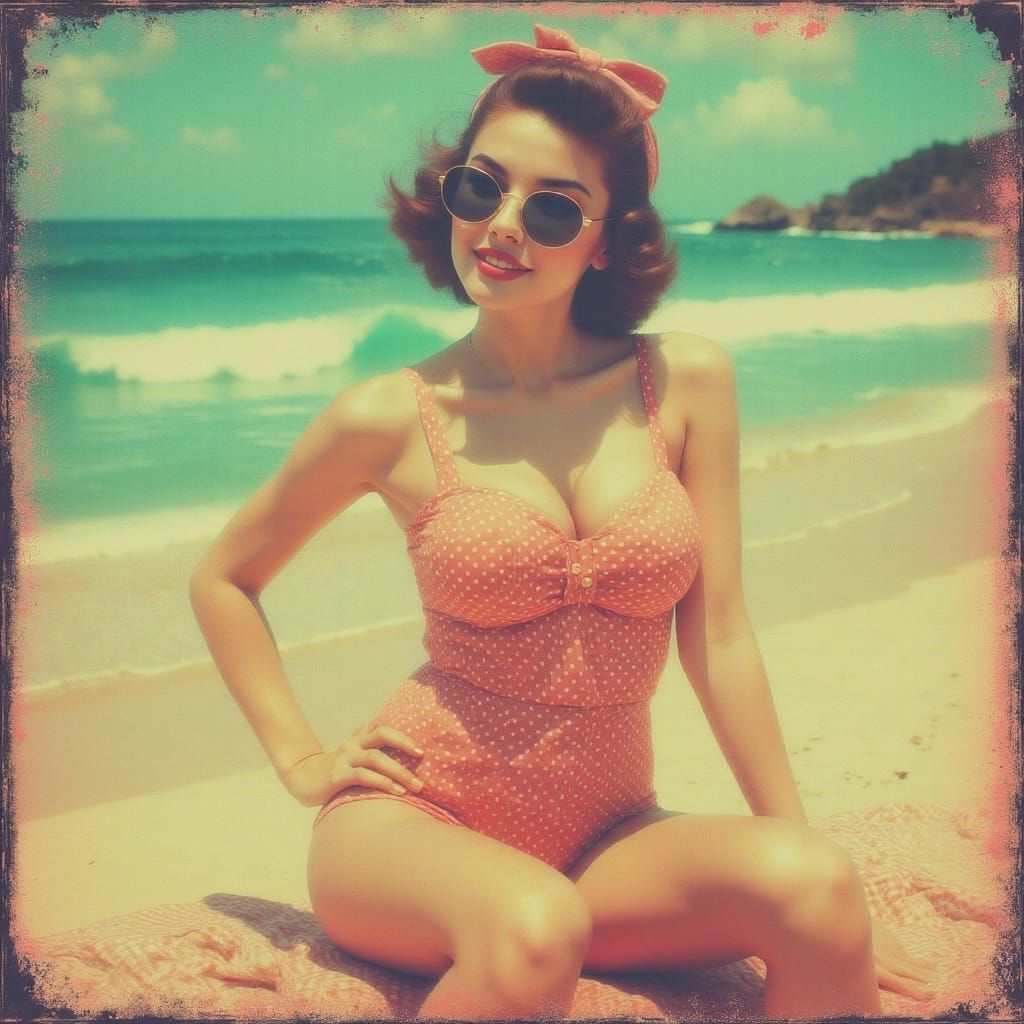 Vintage Polaroid of Woman in 1950s Swimsuit