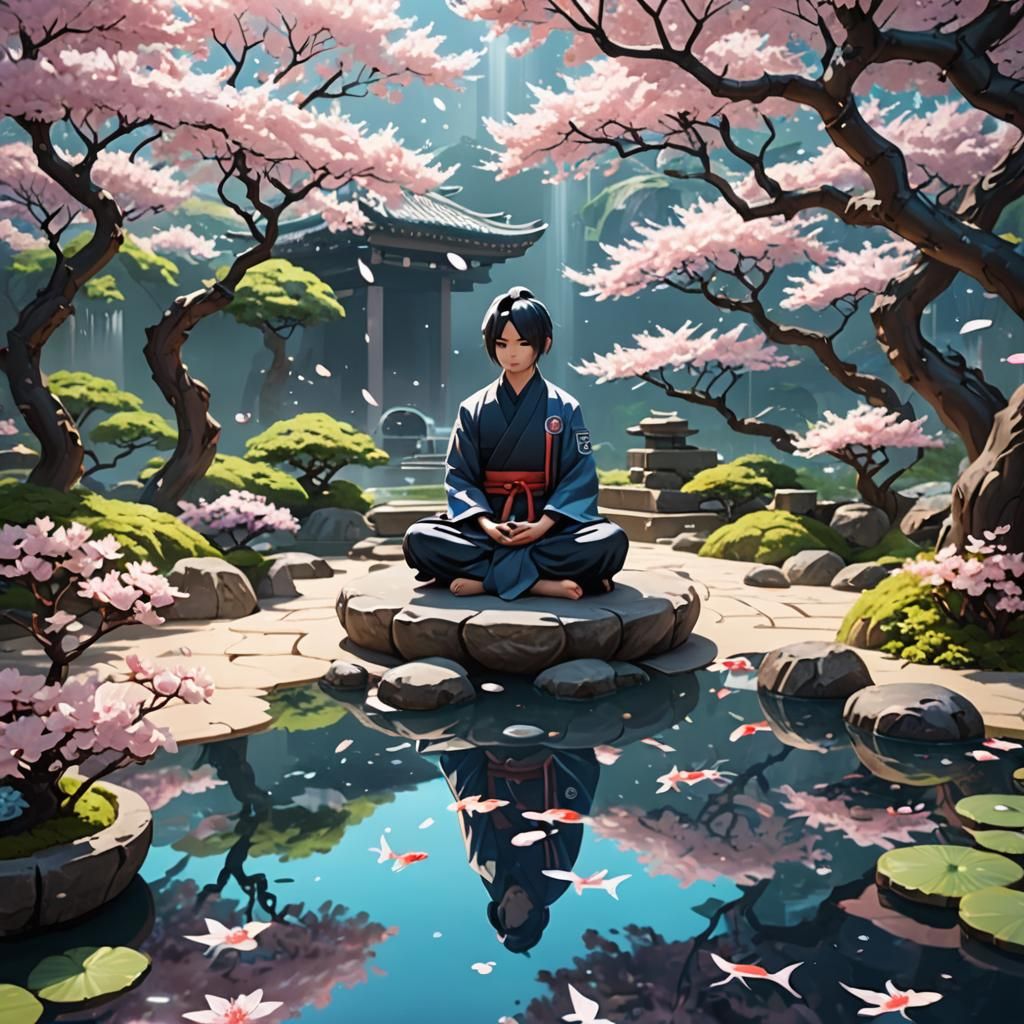 Anime Character Meditating in Futuristic Zen Garden