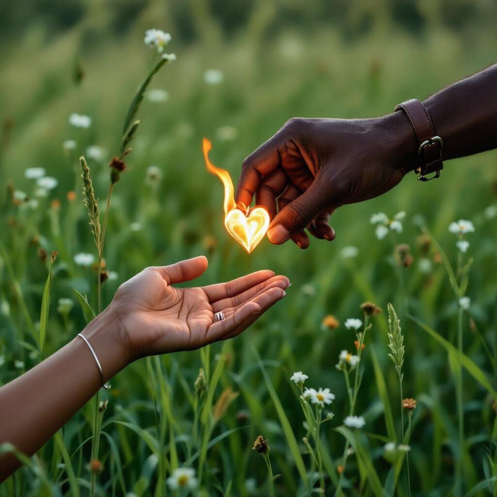 Burning Heart Exchanged in Lush Green Field