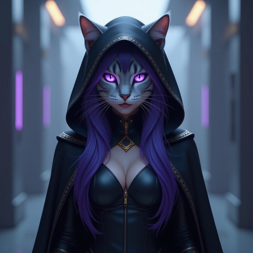 Futuristic Feline Humanoid in Dark Corridor