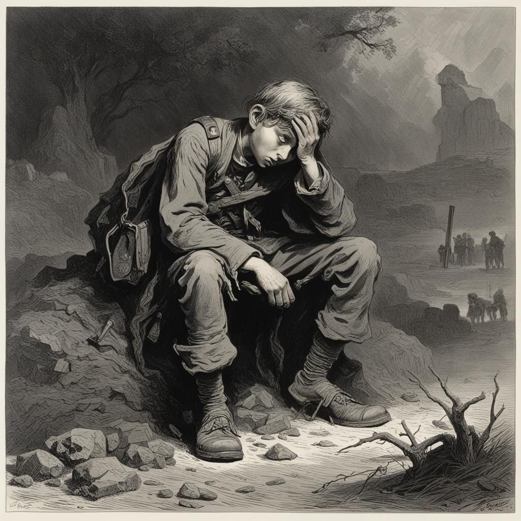 Lost Boy Crying in War, Engraving Style