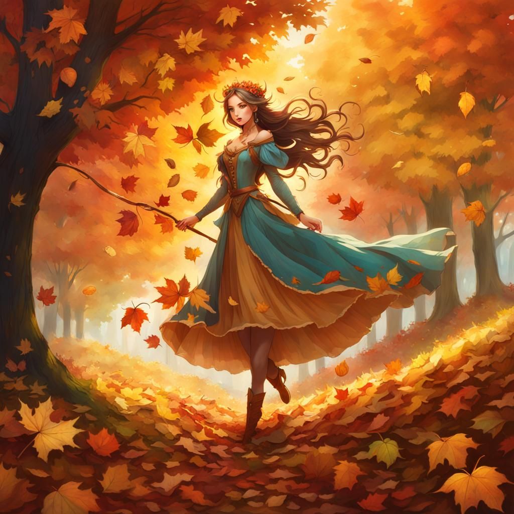 Whimsical Autumn Princess in Leaf-Covered Field