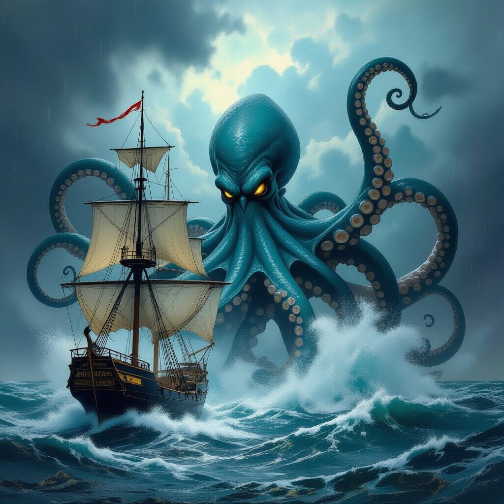 Kraken Emerges from Stormy Depths in Art Nouveau Style