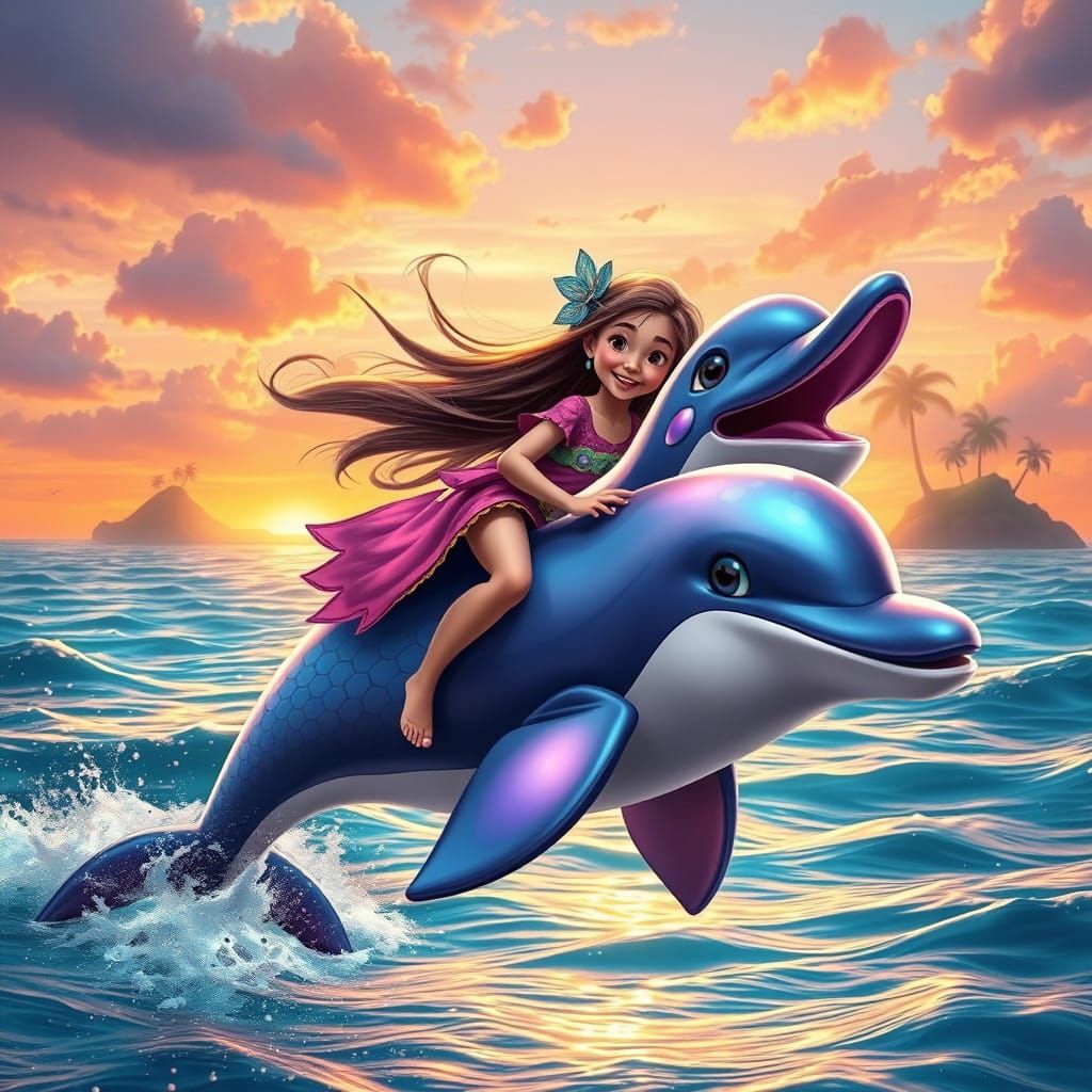 Majestic Girl Rides Cartoon Dolphin in Dreamy Ocean Landscap...