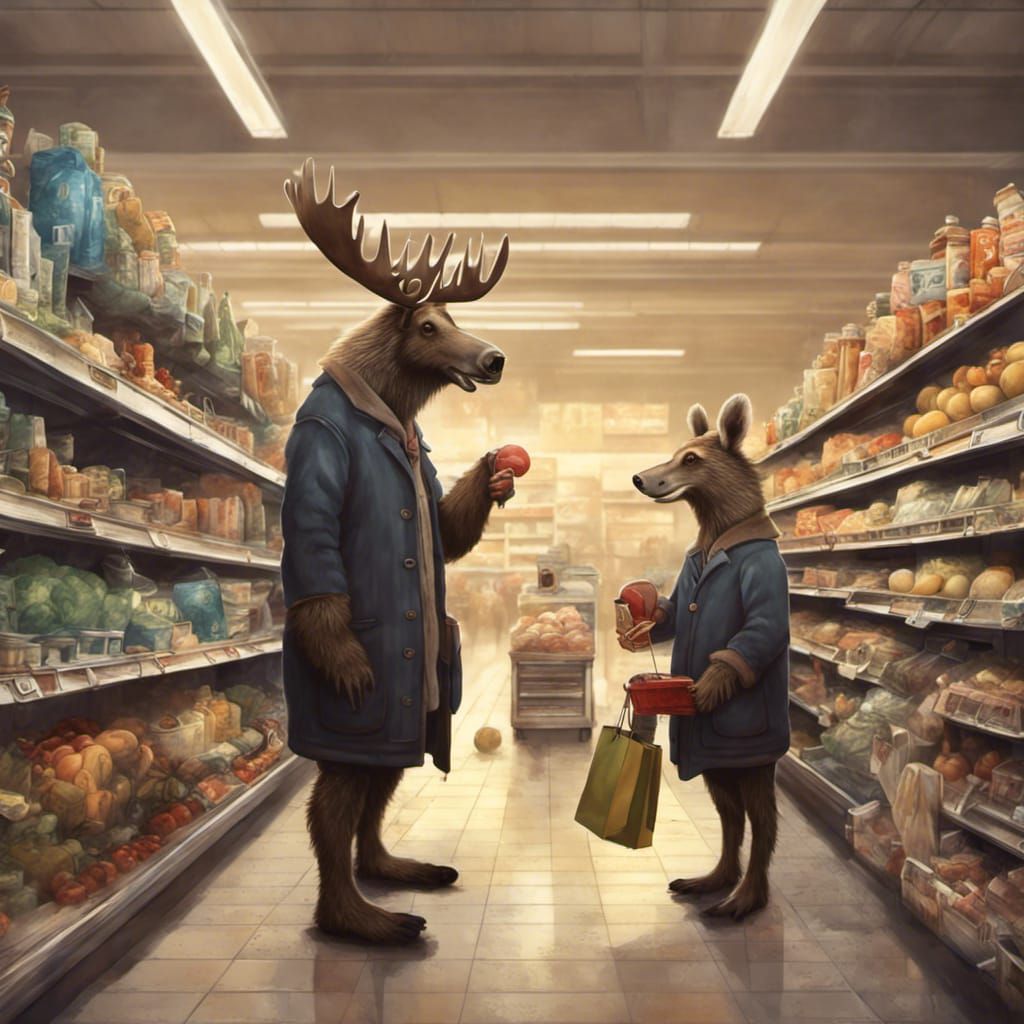 Funny Moose Shopping with Raccoons: Hyper-Realistic Illustra...