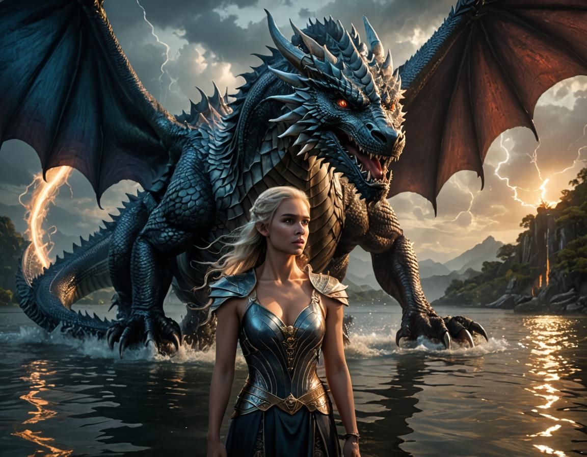 Woman and Dragon in Cinematic Fantasy Style