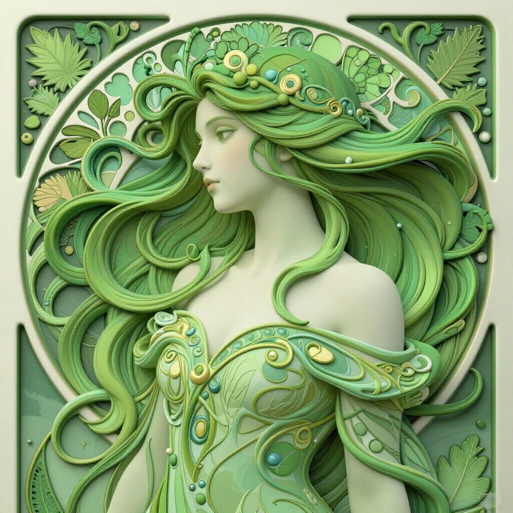 Art Nouveau Woman Portrait in Lush Green Tones