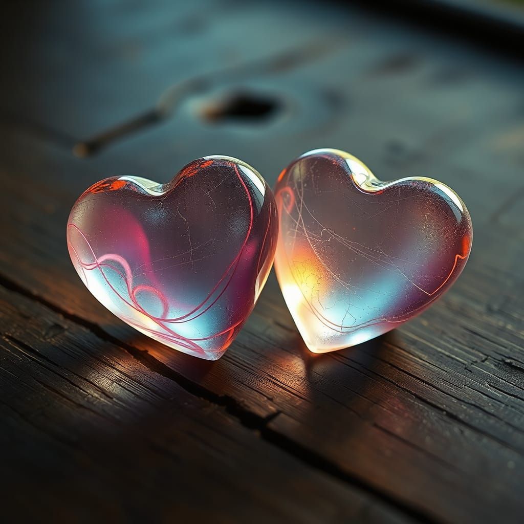 Iridescent Glass Hearts on Rustic Table