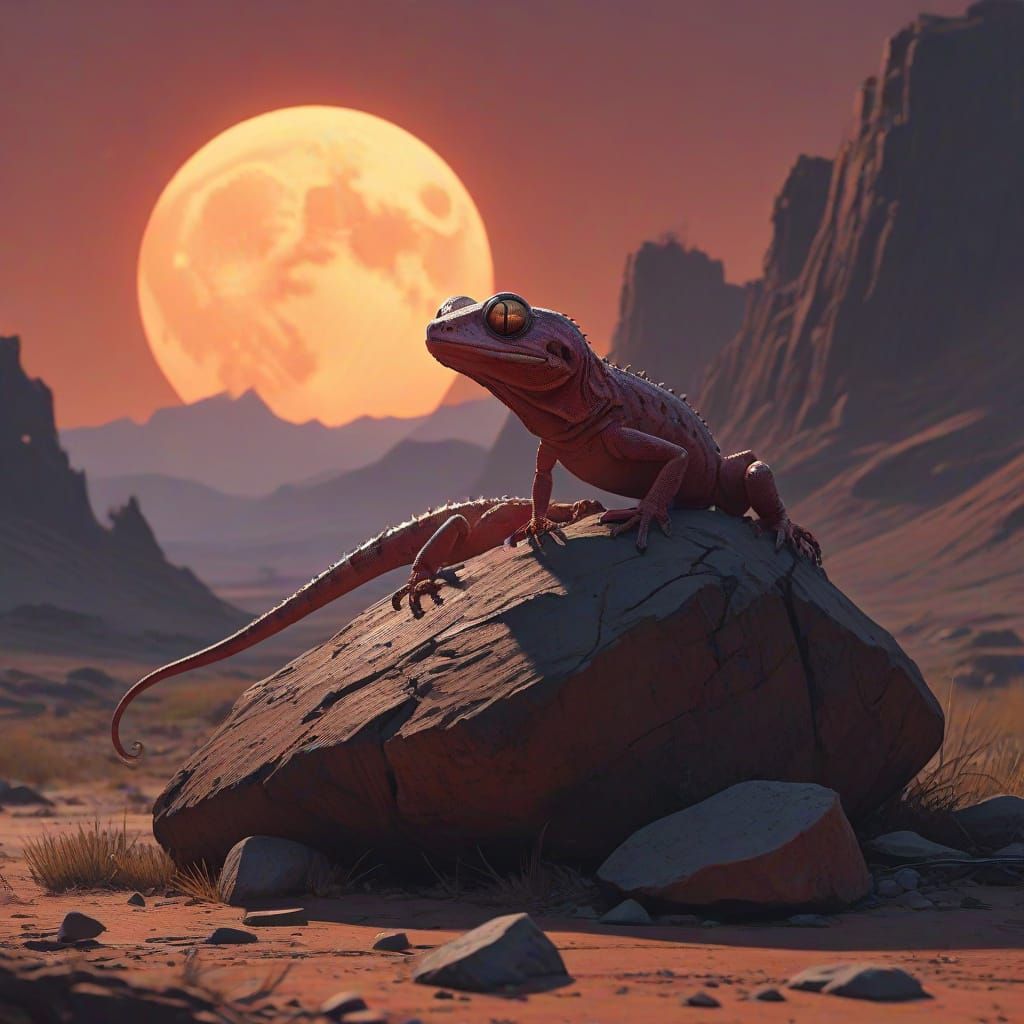 Gecko Basks in Martian Sunset with Phobos Rising