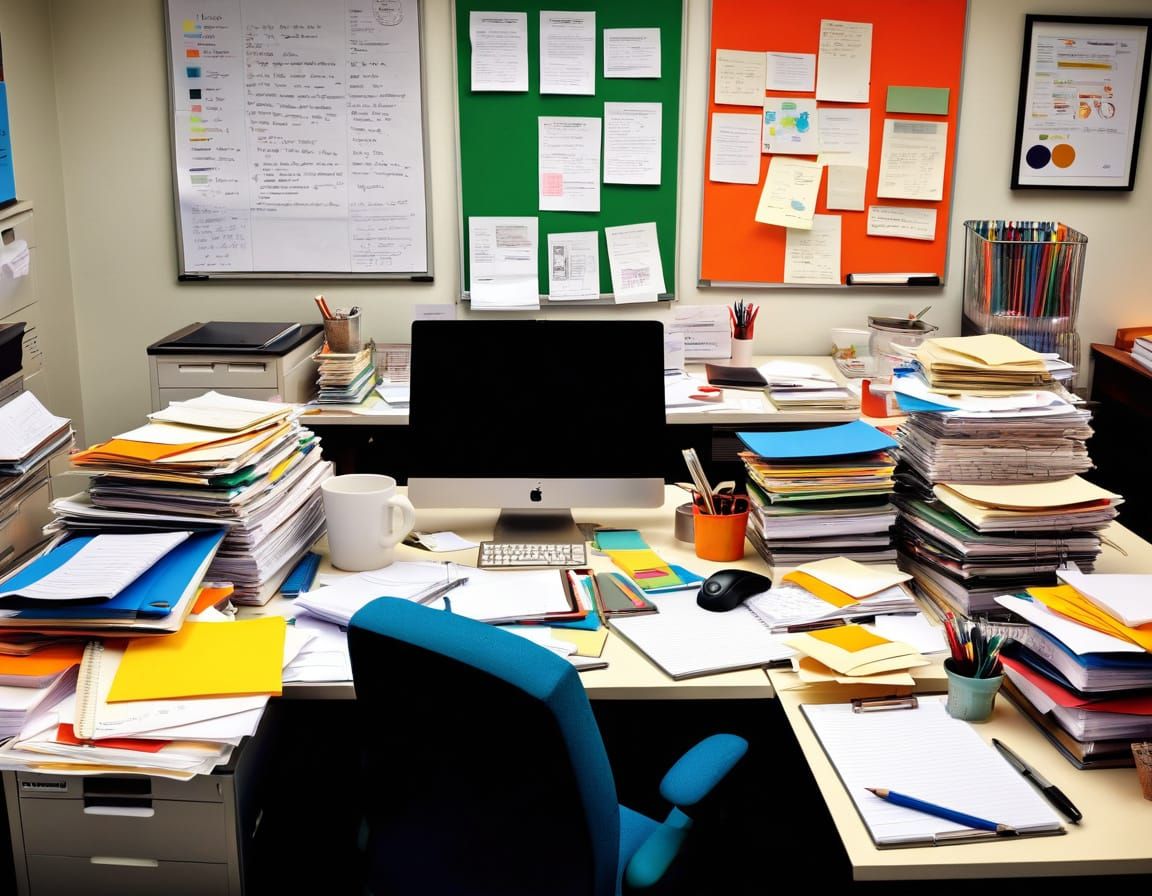 Whimsical Office Supplies Gather on a Giant Desk
