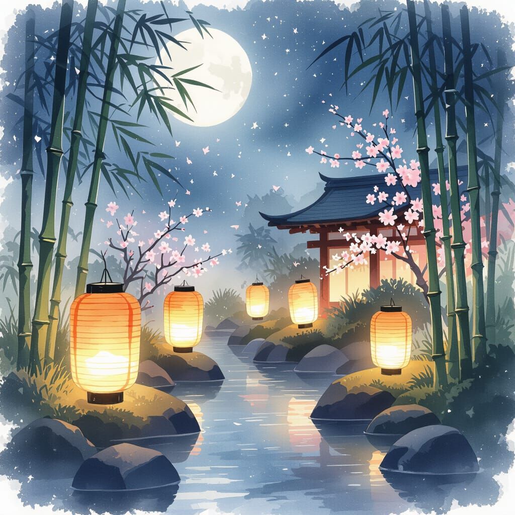 Japanese Garden at Night with Glowing Lanterns