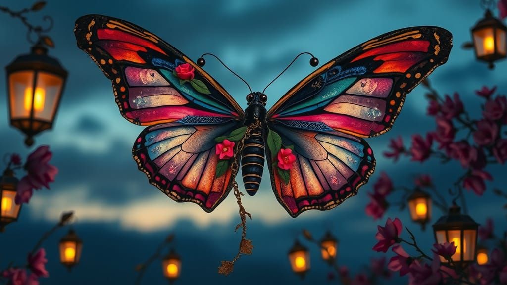 Butterfly in Twilight Sky: Dreamy Vintage Gothic Art