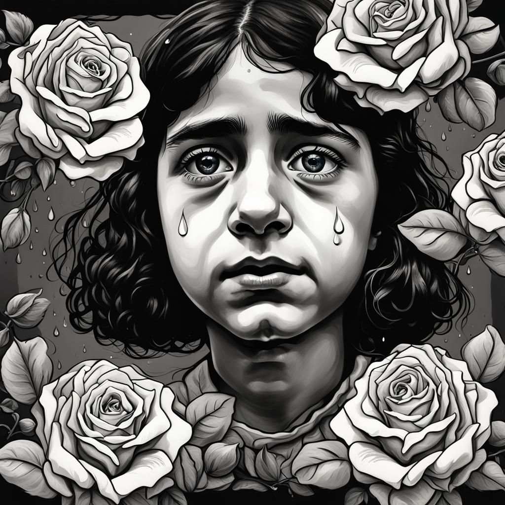 Hyperrealistic Portrait of a Crying Girl with Roses