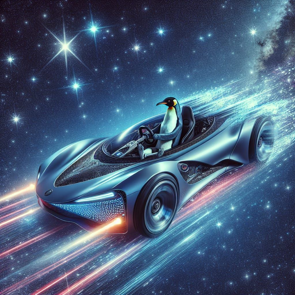 Penguin Race Car Driver in Futuristic Cosmos