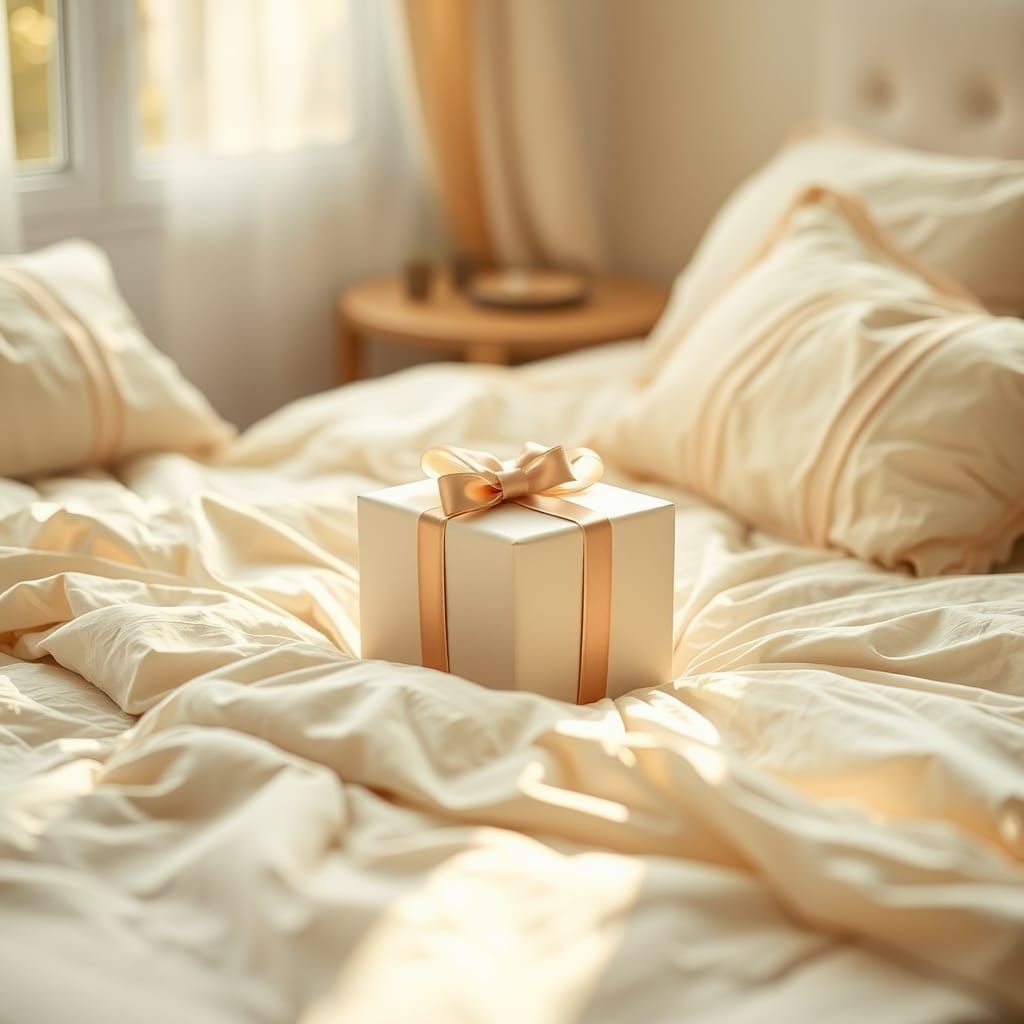 Unopened Gift on Plush Bed in Natural Light