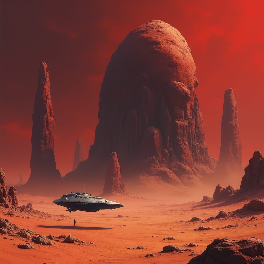 Spaceship at Alien Megastructure in Atmospheric Sci-Fi Style