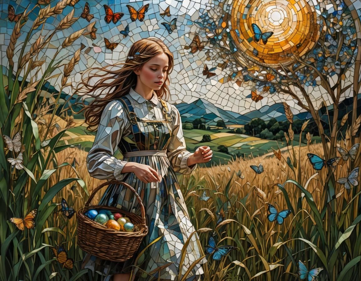 Girl with Easter Eggs in Sunny Meadow