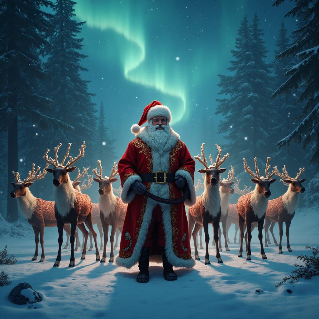 Santa Claus Majestically Surrounded by Glowing Reindeers in....