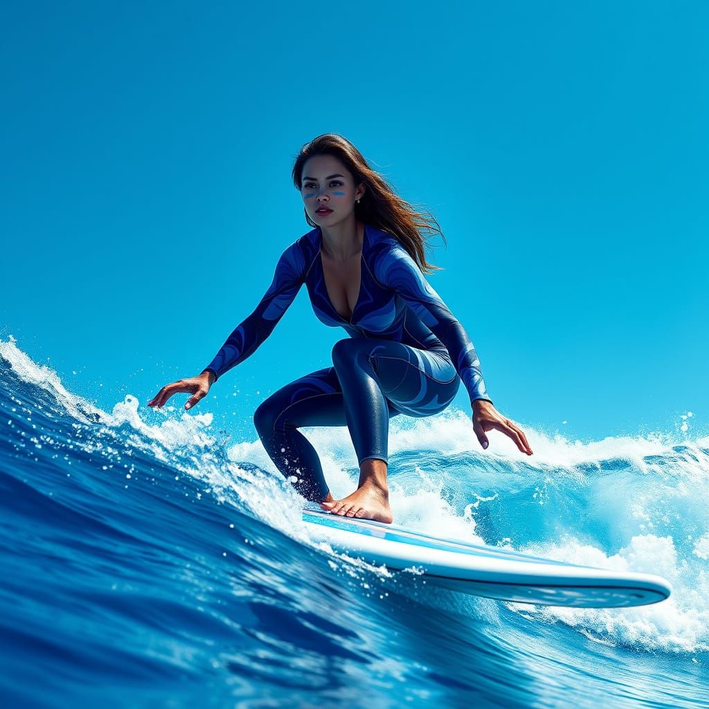 Vibrant Surfer Rides a Colossal Wave in a Brilliant Blue Sky