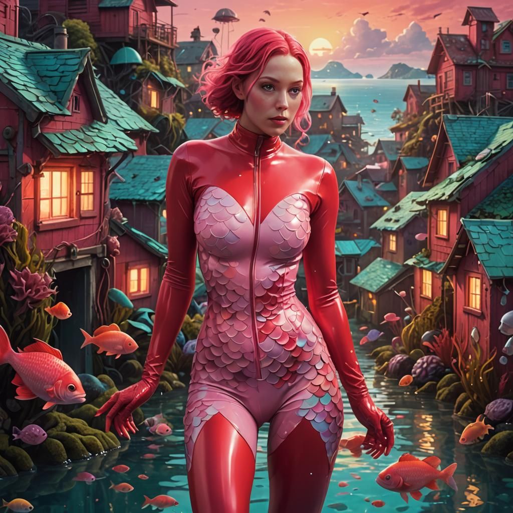 Woman in Latex Suit in Submerged Village