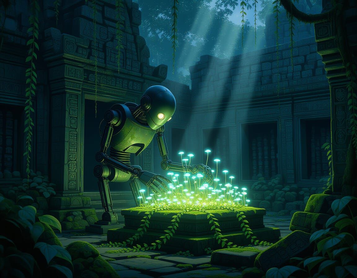 Automaton Tends Bioluminescent Garden in Overgrown Temple