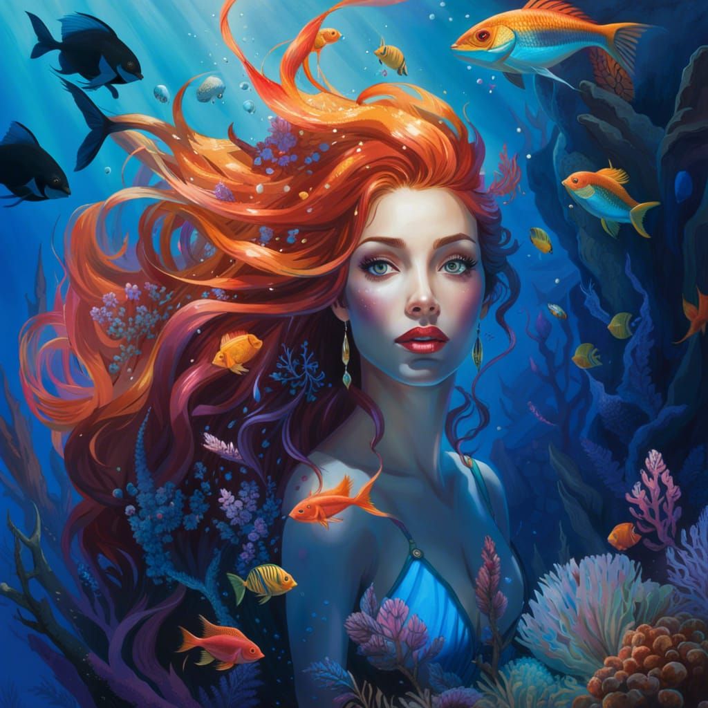 Mermaid with Tropical Fish in Oil Painting Style