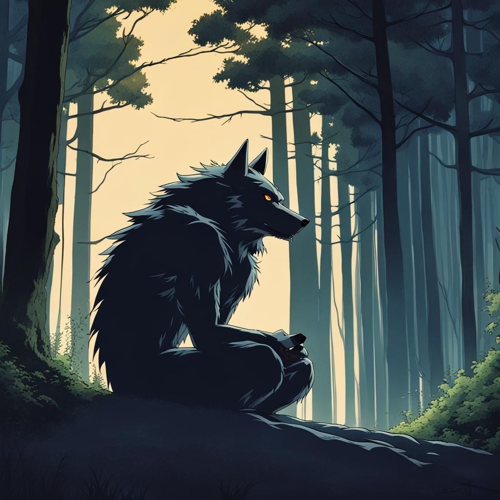 Sad Werewolf in Woods, Studio Ghibli Style