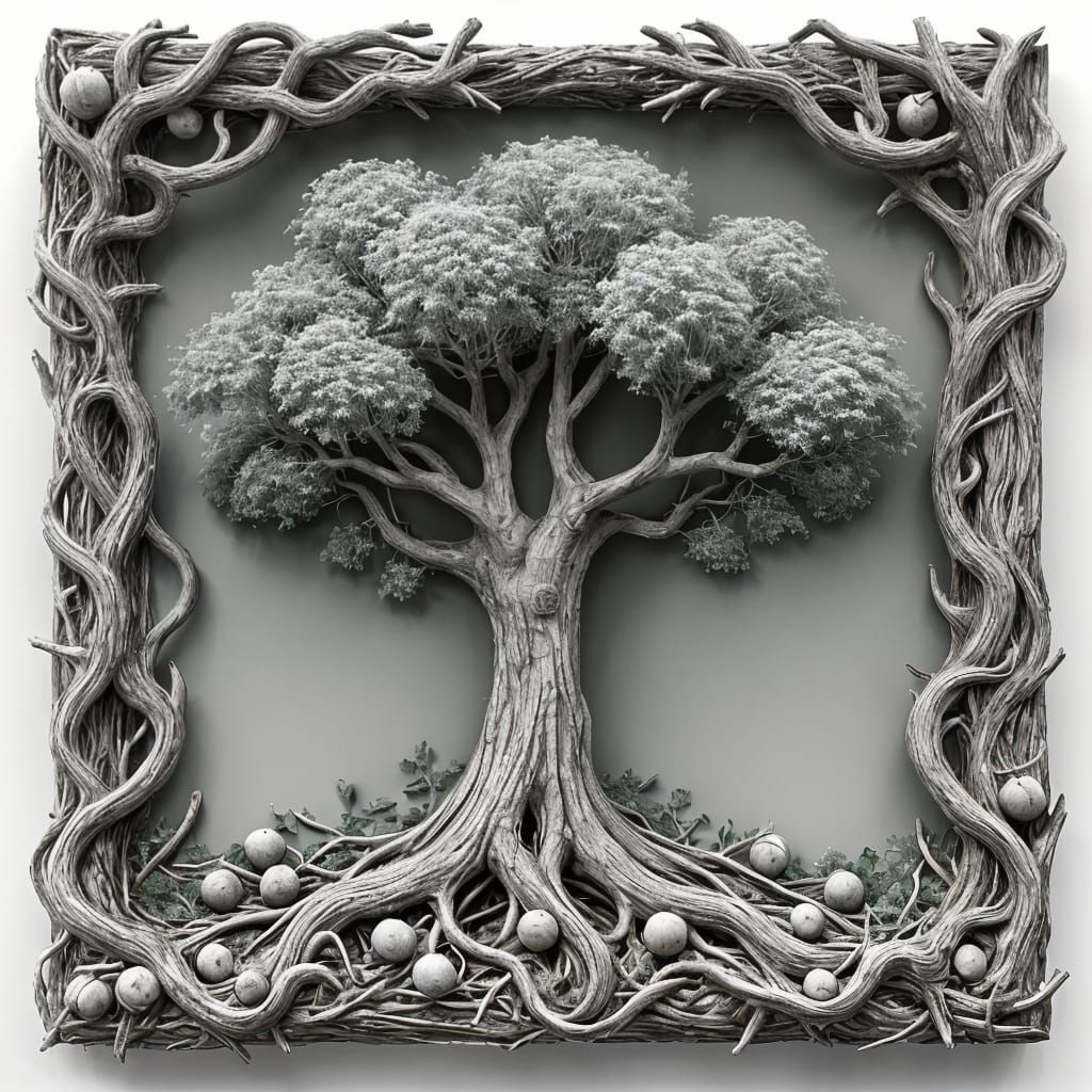 Ancient Tree Bas Relief in Gothic Frame