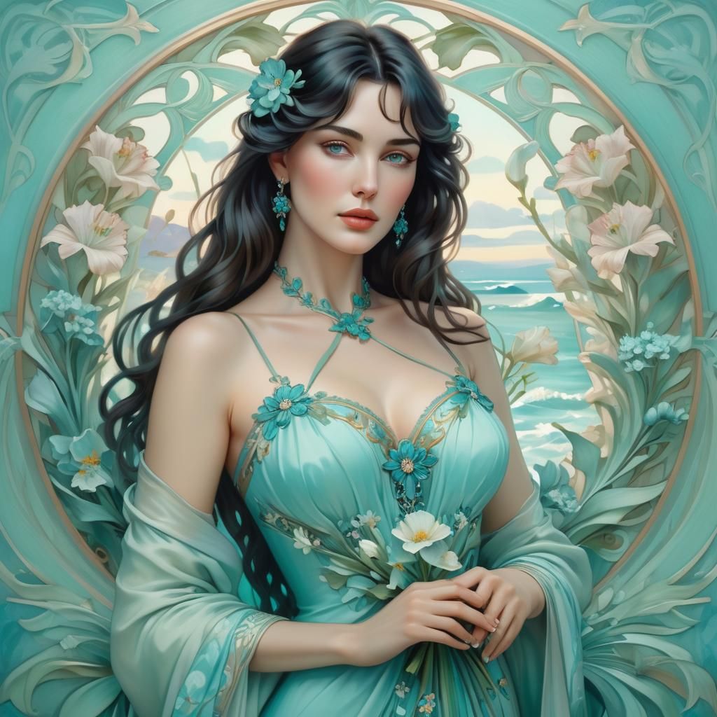 Monica Bellucci in turquoise, art nuveau