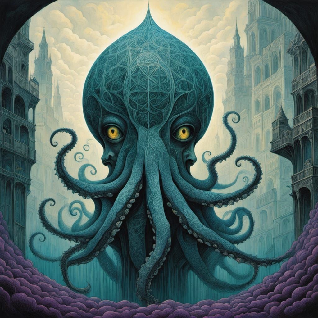 Surreal Mermaid and Octopus Embracing in Luminous Sacred Geo...