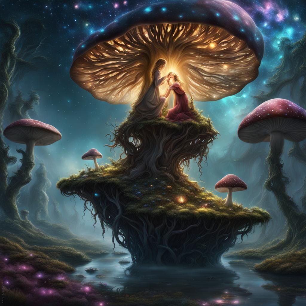 Galaxy Fairy on Mushroom: Epic Digital Painting