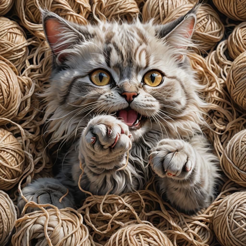 Hyperrealistic Cat Playfully Pawing Yarn Ball