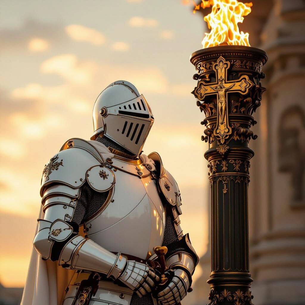 Knight by Cross Torch in Golden Hour Light
