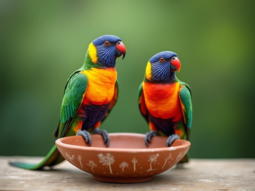 Vibrant Parrots on Clay Bowl with Blurred Background