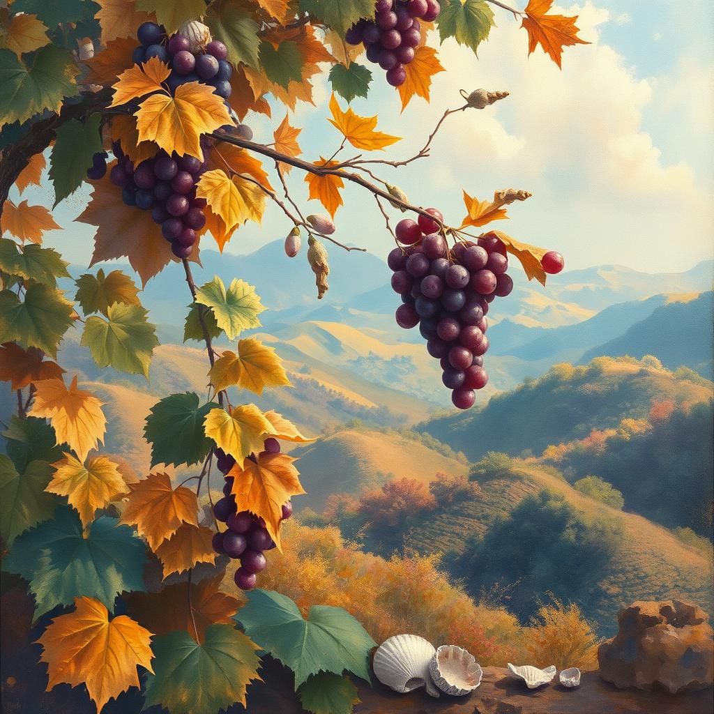 Autumnal Impressionist Gouache Painting with Seashells and G...