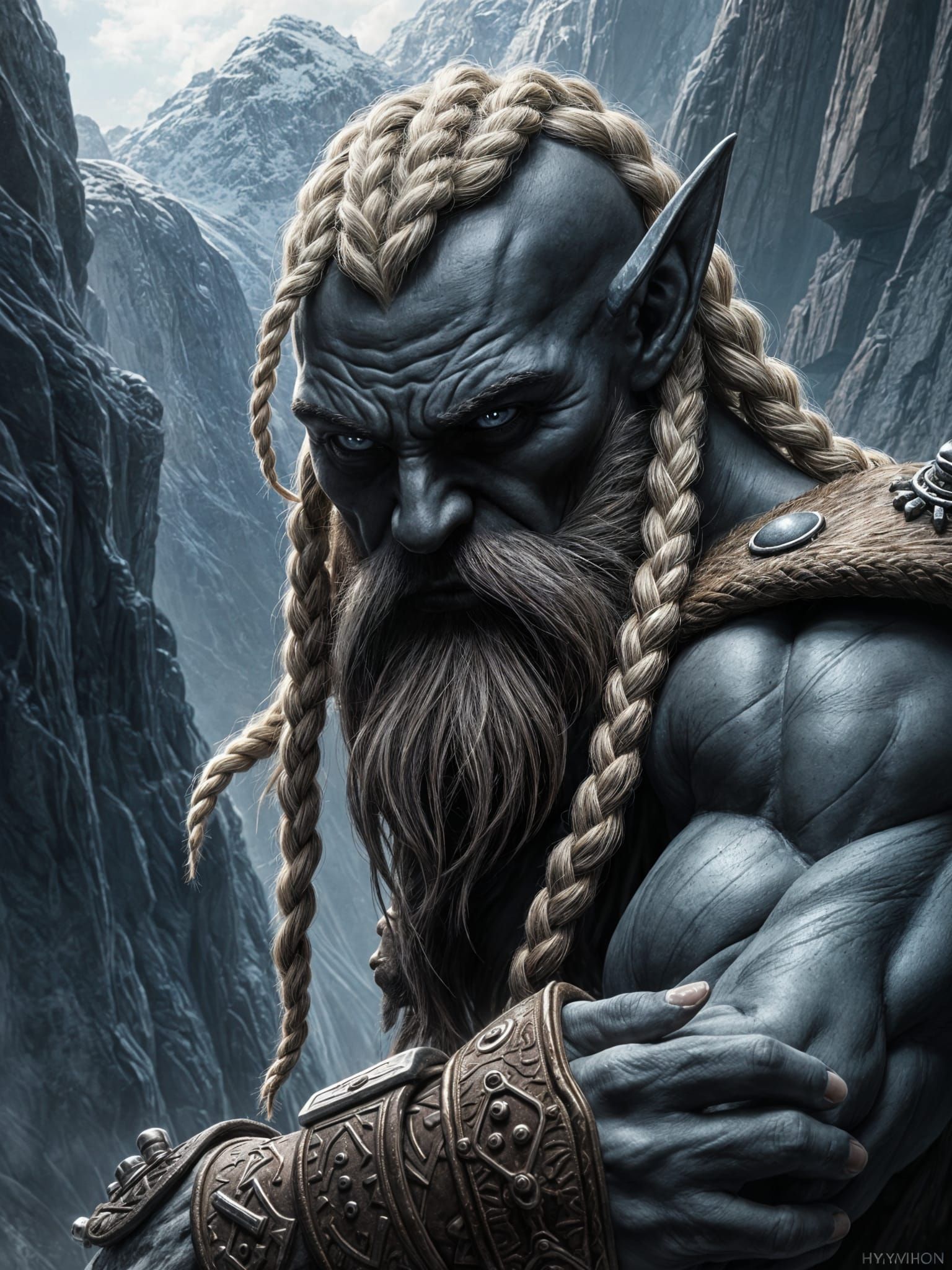 Dark Dwarf Warrior with White Hair and Tattoos