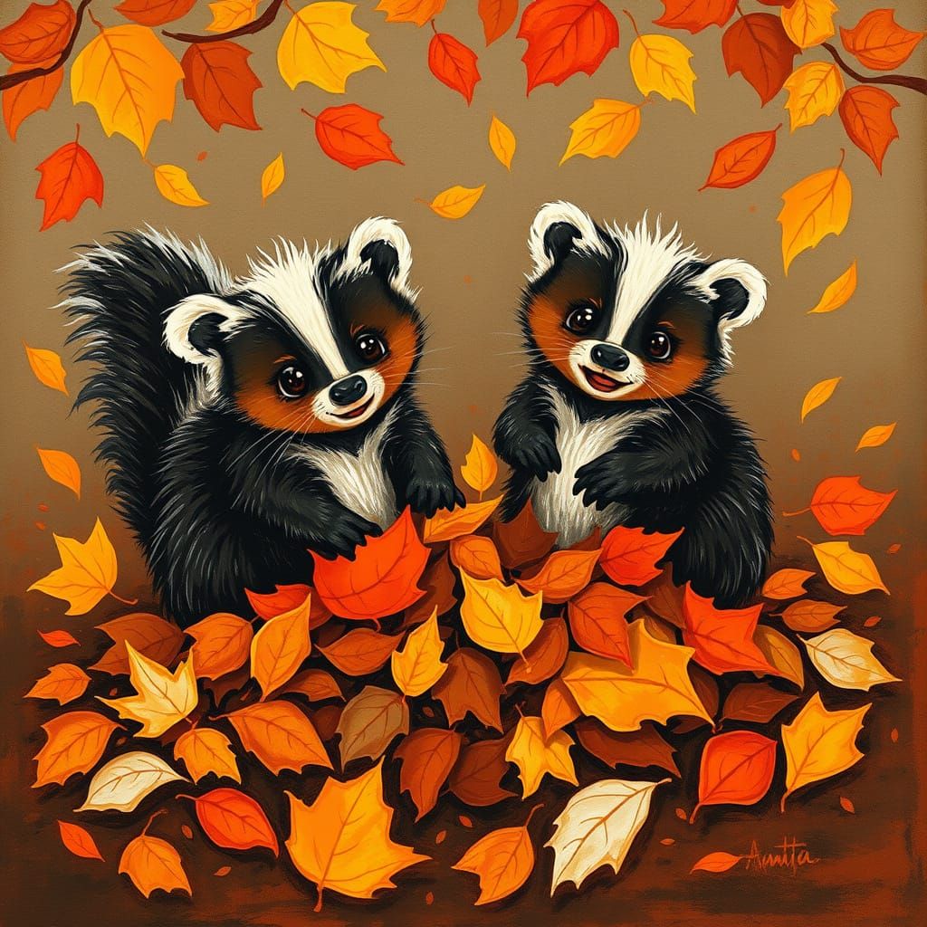 Happy Skunks Frolic in Autumn Leaves Gouache Painting