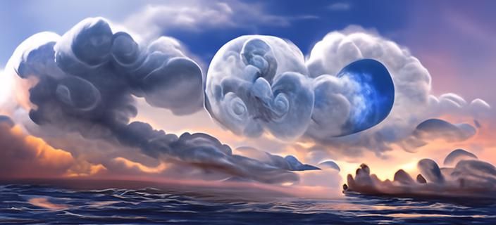 Stormy Sea Moon with Heart Clouds in Romantic Style