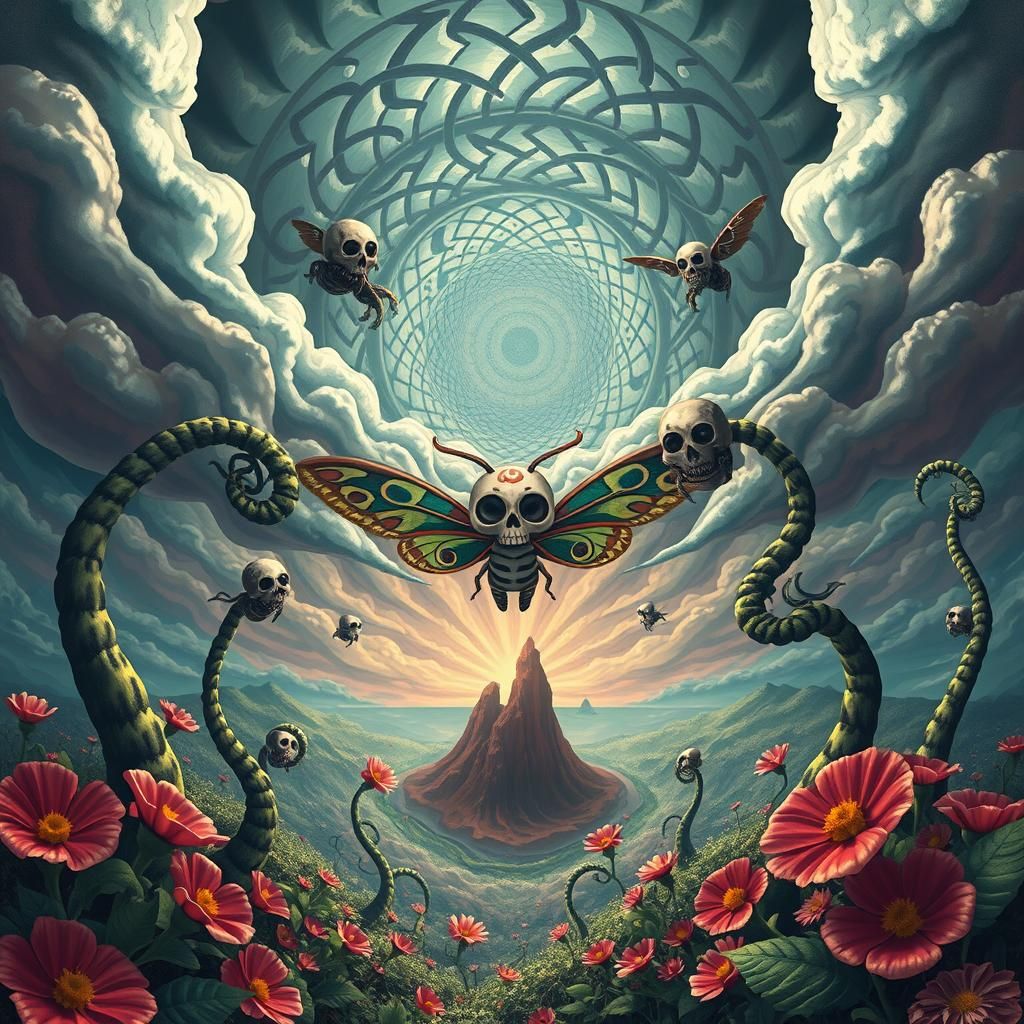 Surreal Landscape with Elastic Flora and Sugar Skull Moth