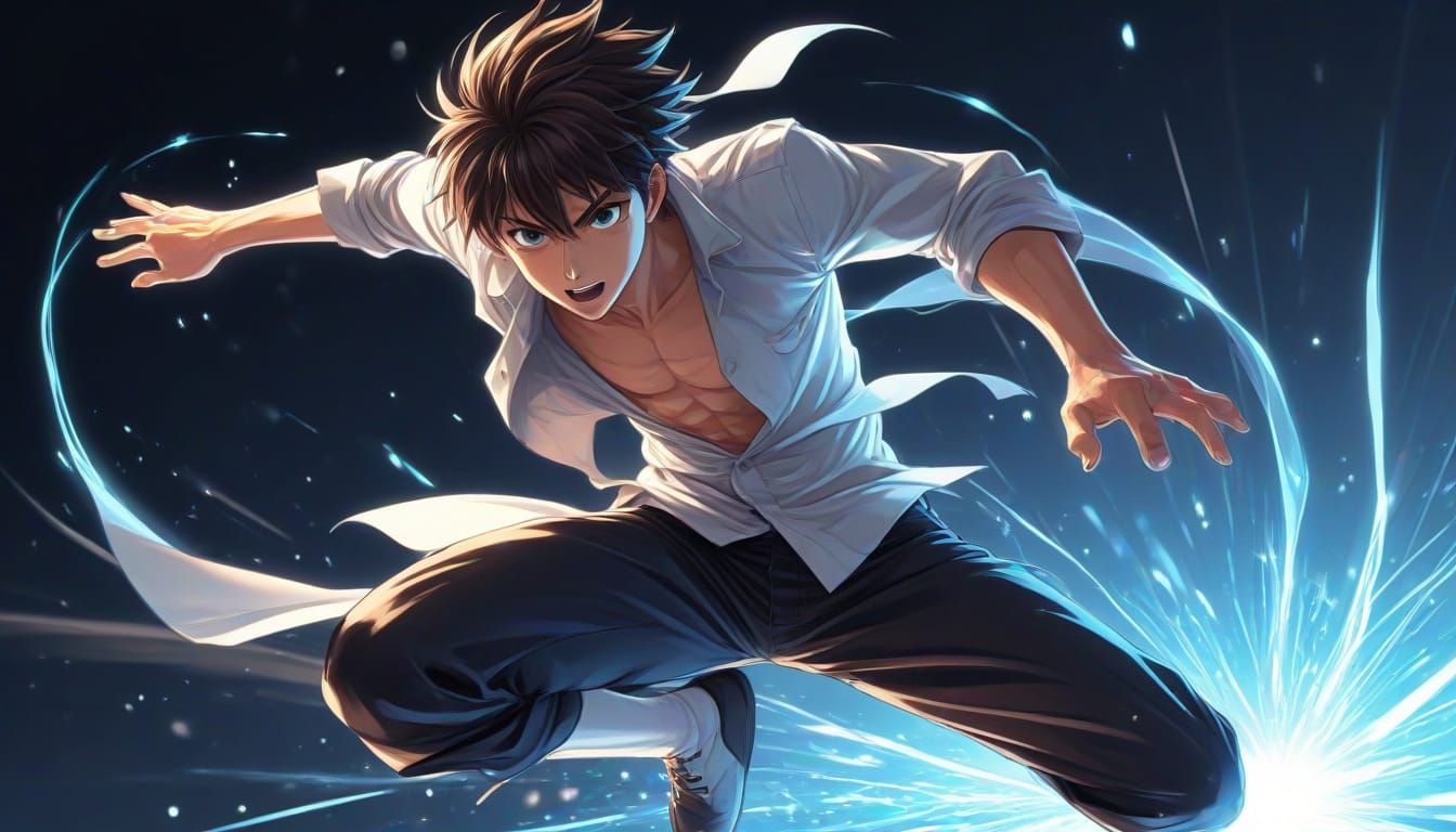 Anime Man in Dynamic Dodge Pose, Playful Expression