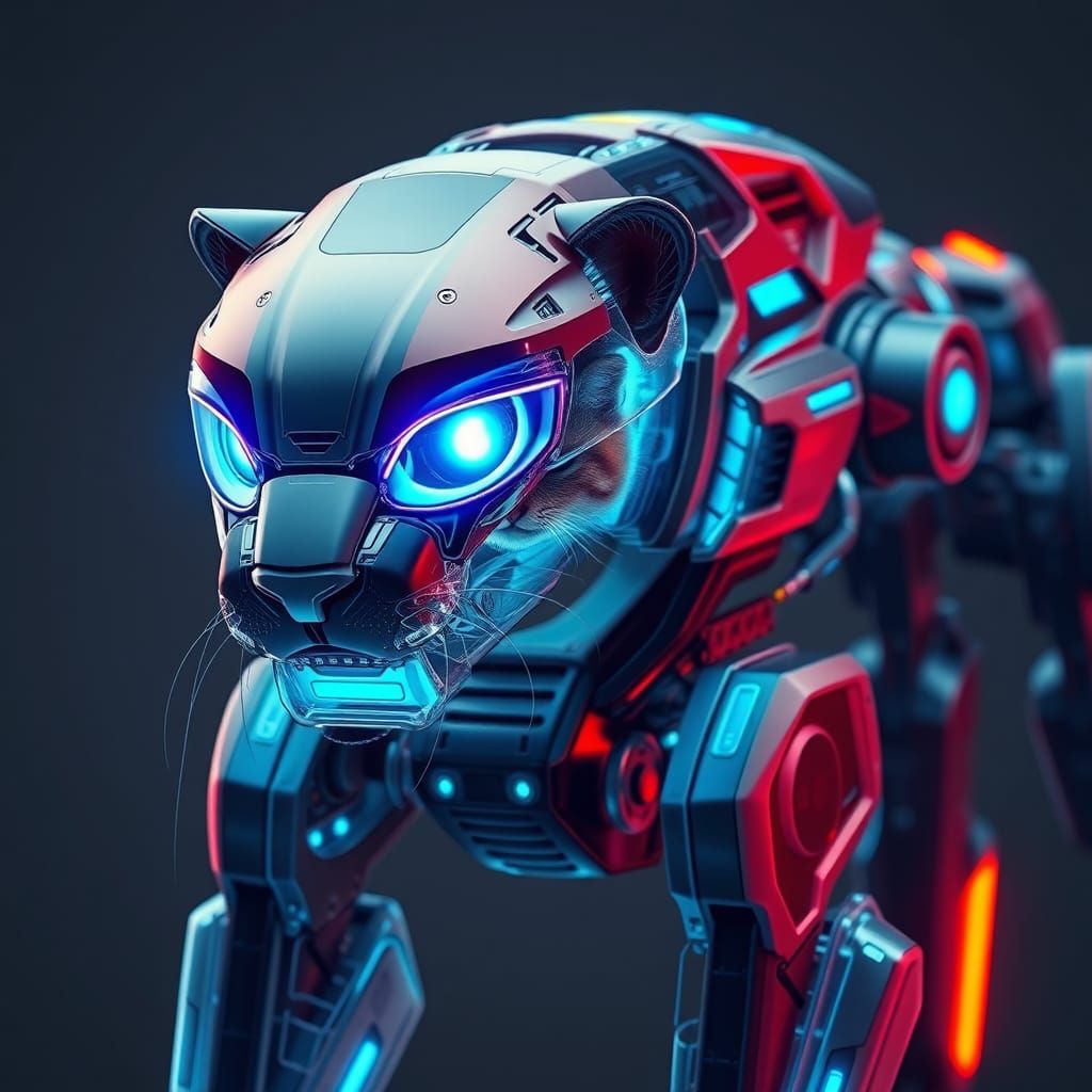 Futuristic Panther Mech with Cat, in Neon Sci-Fi Style